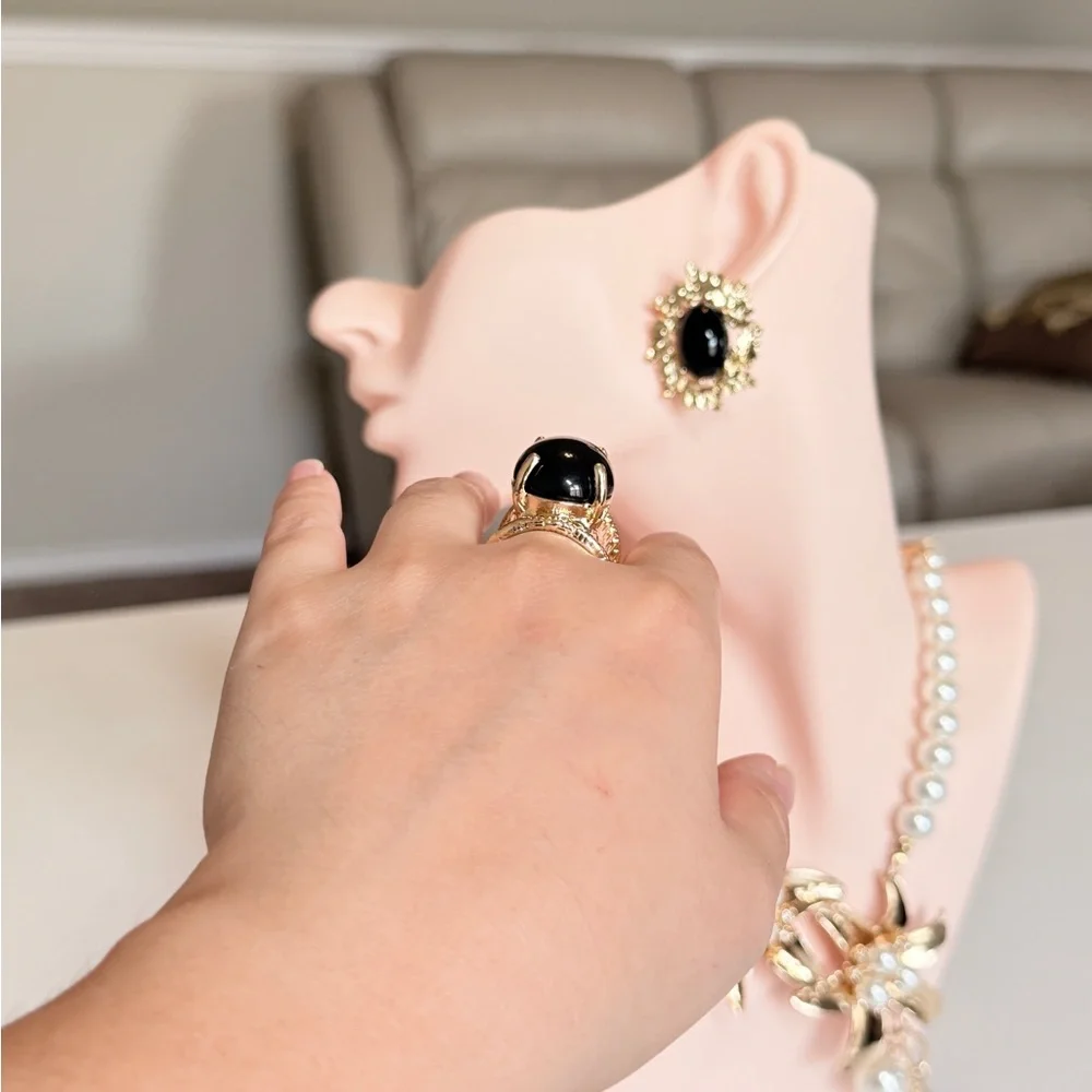Gold-Tone Black Cabochon Statement Ring